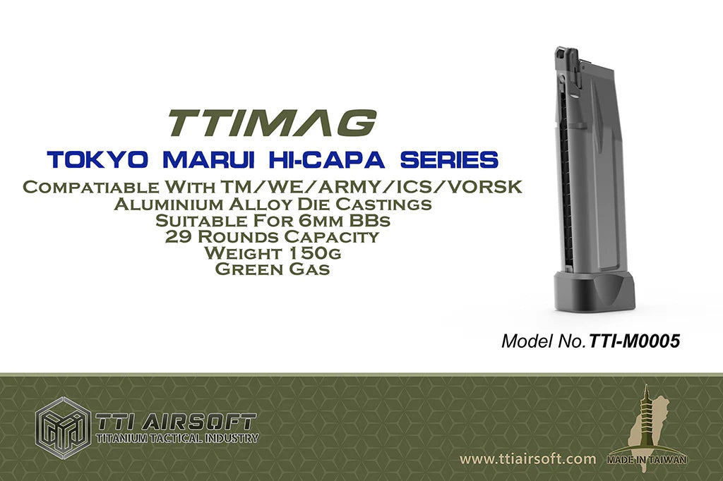 TTI Airsoft Hicapa Series Lightweight Green Gas Magazine 29 Rounds. (Compatible with TM/WE/VORSK/ARMY)