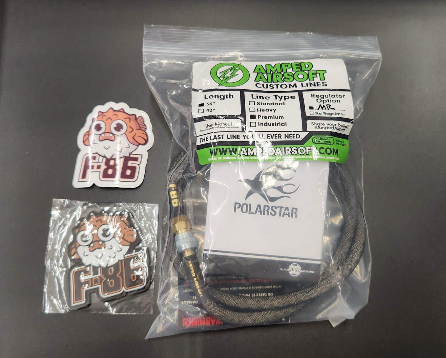 F-86 Custom, Amped Airsoft HPA Kit. Polarstar MR Gen 2 Regulator, Amped Premium 36" line.