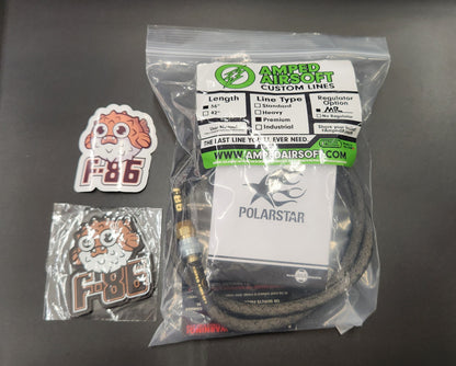 F-86 Custom, Amped Airsoft HPA Kit. Polarstar MR Gen 2 Regulator, Amped Premium 36" line.