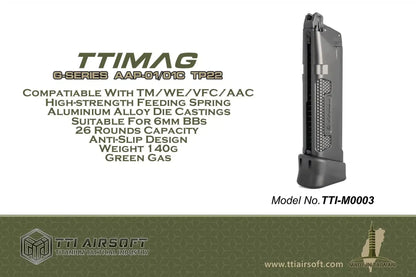 TTI Airsoft Glock Series Lightweight Green Gas Magazine (26 rds, Compatible with Tokyo Marui / VFC / WE / Novritsch TP22)